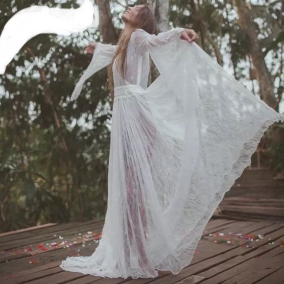 Bohemian Festival White EyeLash Lace Sheer A Line Unlined Maxi Coverup Dress - Picture 3 of 10